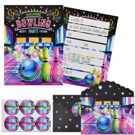 YILANJIN Pack of 12 Neon Bowling Invitation Cards Set for Children's Birthdays, Double-Sided Party Invitations with Matching Envelopes and Bowling Stickers, Ideal for Bowling Theme Celebrations
