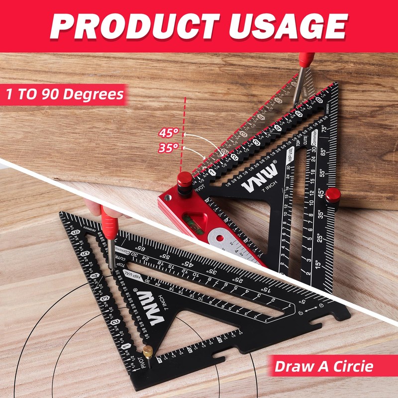 6-in-1 Carpenter Square 7 inch (1/8" Precision) Rafter Square Multi-Purpose