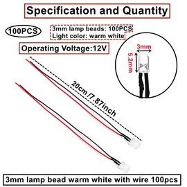 HUAZIZ Pack of 100 Pre-Wired LED, Diode Light, 12 V Pre-Wired Light, Warm White, LEDs 3 mm Warm White with Cable, 20 cm, 12 V