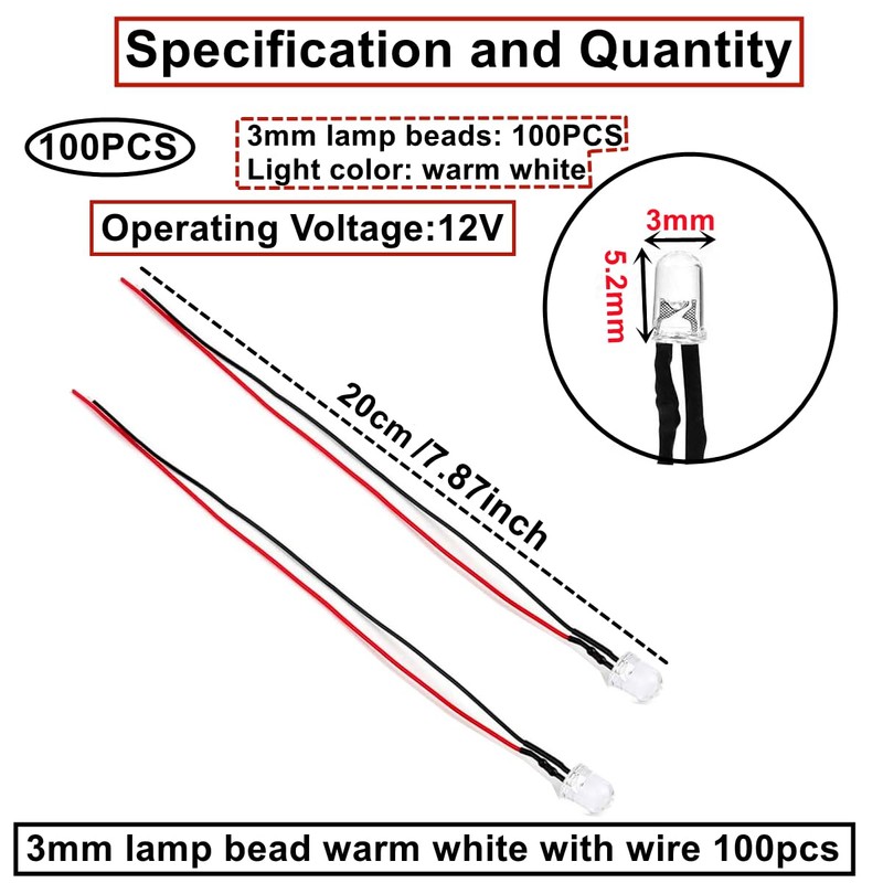 HUAZIZ Pack of 100 Pre-Wired LED, Diode Light, 12 V