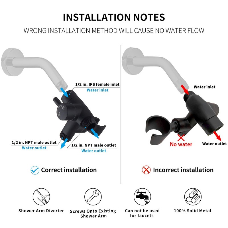 G-Promise Solid Metal Shower Arm Diverter with Holder for Hand