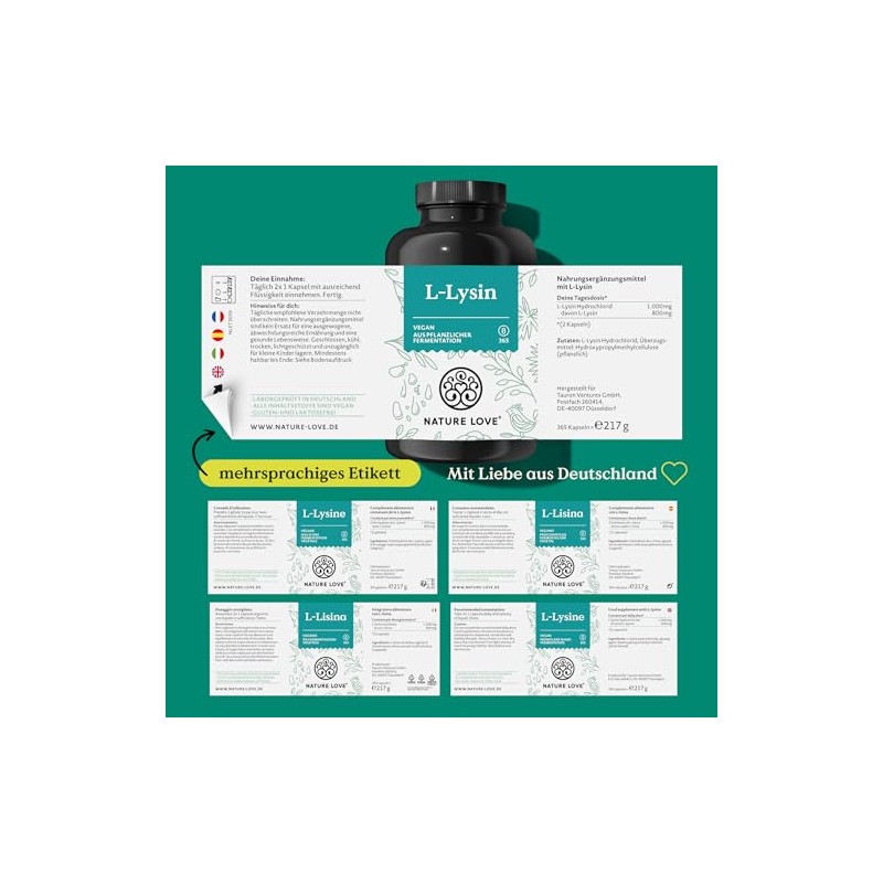 NATURE LOVE L-Lysine - 365 Vegan Capsules - 1000 mg