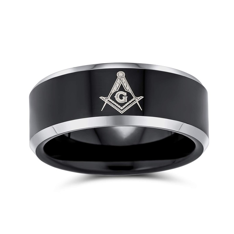 Mens Black Freemason Masonic Tungsten Comfort Fit Wedding Ring Band