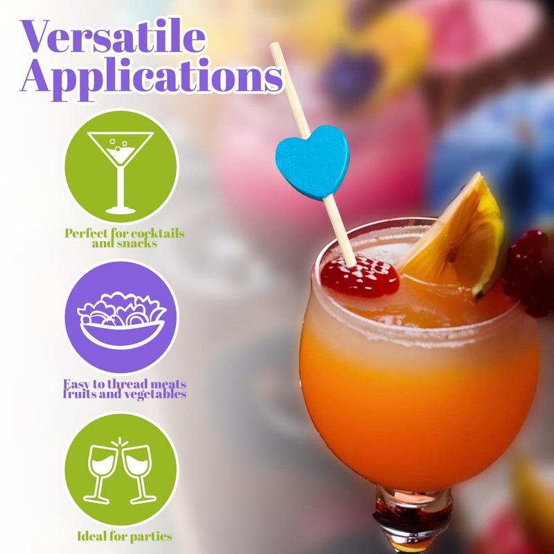 200 PCS Cocktail Sticks, Bamboo Sticks with Coloured Hearts, Bamboo