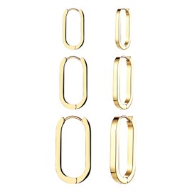 JewelryWe 3 Pairs of Hoop Earrings for Women, Stainless Steel Rectangular Huggie Hoop Earrings Set, Geometric U-shaped, Lightweight, Hypoallergenic Hoops, Minimalist Jewellery Gift, Stainless Steel