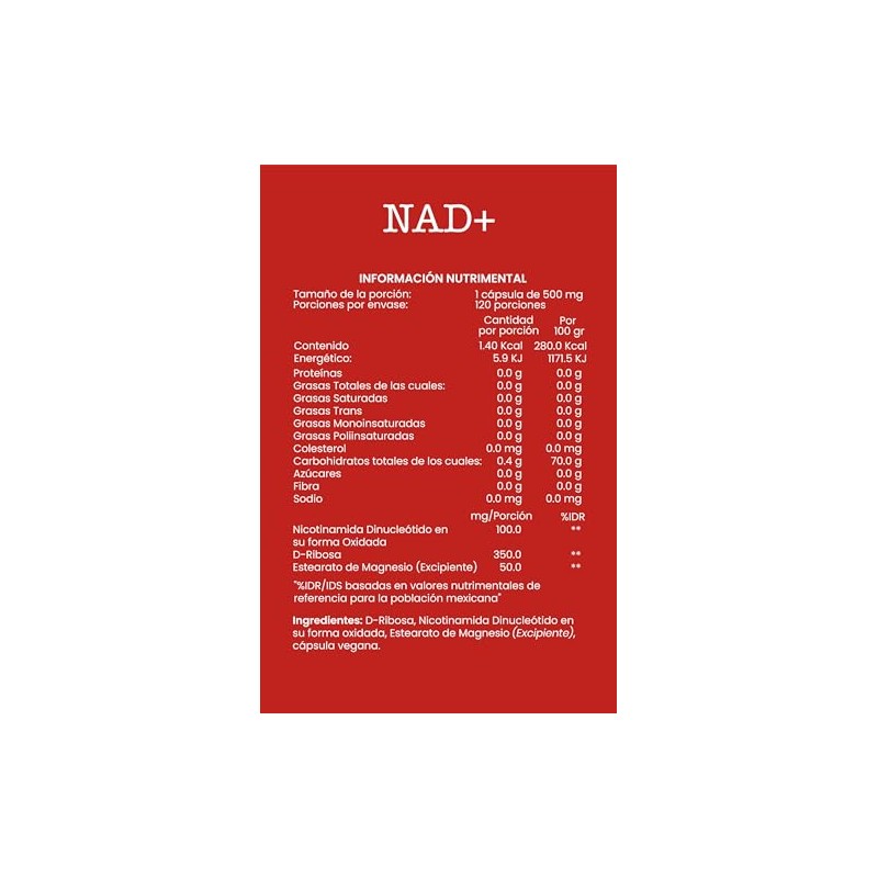 NAD+ 120 Cápsulas, Suplemento Alimenticio, Nicotinamida Adenina Dinucleótido, Joycare Juliana