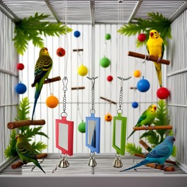 1Pc Random Color Pet Bird Mirror with Bell Interactive Parrot Toys for Parakeets, Conures, Canaries, Budgies Cage Accessories, Pet Supplies