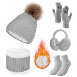 WEISPO Conjunto Térmico de Invierno de 5 Piezas, Gorro de Invierno, Orejeras y Bufanda Térmicas, Guantes y Calcetines, Apto para Actividades Al Aire Libre Como Esquí, Motos, Senderismo y Más (Gris)