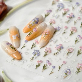 5D Embossed Flowers Nail Art Stickers Floral Nail Decals Spring Summer Bow Heart Laser Nails Design Decoration Accessories for Women Girls Manicure