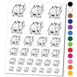Jolly White Rhinoceros with Bird Friends Temporary Tattoo Water Resistant Fake Body Art Set Collection - Black (One Sheet)