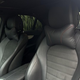 duoyif Car Neck Pillow Headrest 2 Pieces Car Cushion Made of Leather and Cotton, Car Headrest for Car Seat, Neck Pillow Driver for Neck Support, Comfortable, Protection of the Cervical Spine (Black