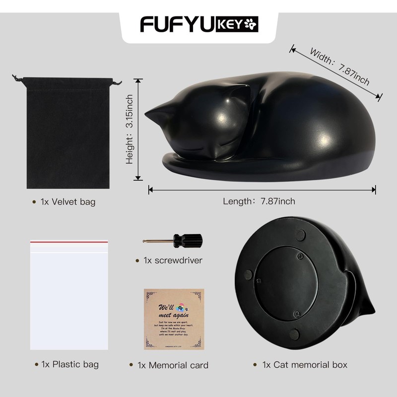 FUFYUKEY Cat Urn, Black Resin, Sleeping Kitty Pet Memorial Keepsake