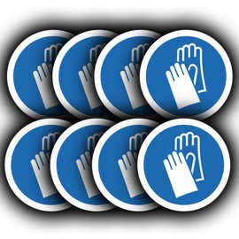 8 Pack - Protective Gloves Must Be Worn Stickers - 85mm Hand Workplace Safety Vinyl Decals