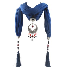 GOGNGTR Women's Scarf Necklace Alloy Pendant Cotton and Linen Accessory Bohemia Tassel Scarves(sc007) (Dk Blue)