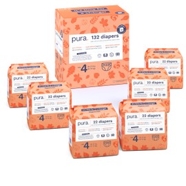 Pura Size 4 Eco-Friendly Diapers (18-31 lbs) Hypoallergenic, Soft Organic Cotton, Sustainable, up to 12 Hours Leak Protection, Allergy UK, Recyclable Packaging, 6 Packs of 22 (132 Diapers)