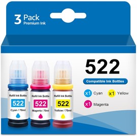 522 Color Ink Ink Refill Bottles Replacement for Eps Eco Tank Printer Ink Refill 522 Color Compatible T522 Ink for ET-2400 ET-2720 ET-2800 ET-2803 ET-2840 ET-4700 ET-4800 ET-4810 Printers, 3-Pack