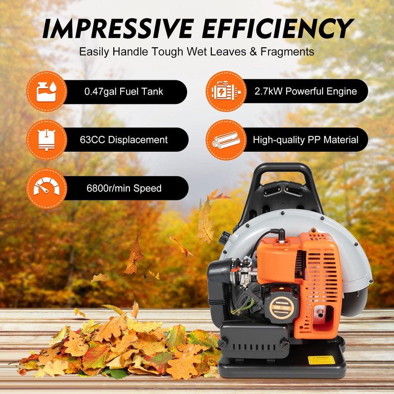 Backpack Gas Powered Leaf Blower, Commercial 2.7kW 850CFM 63CC 4.3HP