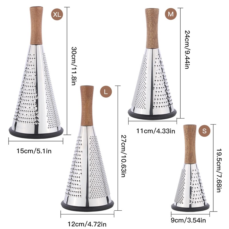Cone Cheese Grater with Handle Stainless Steel Triple Function Wood