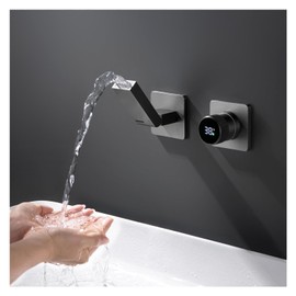 Bathroom Faucet with Temperature Digital Display Wall Mount Faucet with 180° Foldable Spout Single Handle Lavatory Vessel Sink Faucet Bathtub Faucet Tub Filler with Brass Rough-in Valve (Gun Grey)