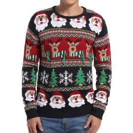 Men's Christmas Festive Cardigan Reindeer Snowman Santa Snowflakes Knitted Ugly Sweater (Large, Striped Santa)
