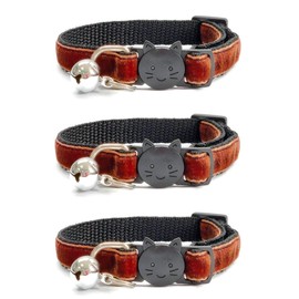 Velvet Cat Collars with Bell. Safe Breakaway Quick Release Buckle. Available in Cat & Kitten Size (Pack of 3) (Cat Collar (20cm - 30cm), Brown Velvet (Pack of 3))