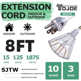 YOJOE 3-Outlets Indoor Outdoor Extension Cord with Lighted End, 3 Prong 15A Weatherproof Power Cord, 10 Gauge Heavy Duty 8 ft White Extension Cord Multiple Outlets, 10/3 SJTW UL Listed