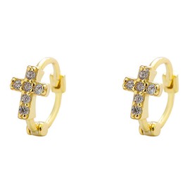 CZ Cross Small Hoop Cartilage Earrings for Women 925 Sterling Silver Created Clear Cubic Zirconia Hypoallergenic Tiny Huggie Hoops Dainty Birthday Wedding Christmas Holiday Jewelry Gifts (Golden)