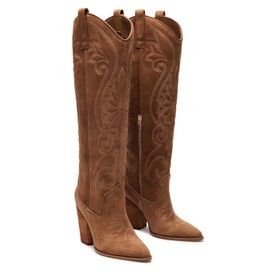 VOMIRA Knee High Cowboy Boots Suede Boots for Women Pointed Toe Chunky High Heels Pull-on Embroidered Boots Western Boots Wide Calf Cowgirl Boots