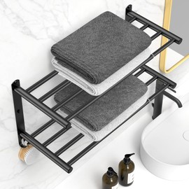 CAXIMSY Black Adjustable Towel Bar for Bathroom Wall Mount17-30.7inch Adhesive Shower Towel Rack Stainless Steel Bath Towel Holders for Toilet Kitchen Double Towel Hanger (Black Double Towel Rack)