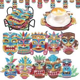 YLOLUL 10 Pcs Summer Tiki Shaped Diamond Art Coasters Kits DIY Hawaii Diamond Dots Art Coasters with Holder Christmas Crafts for Adults Kids Aloha Party Supplies Luau Party Decoration