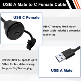 QINJOOELC USB A 3.0 to USB C Panel Mount Extension Cable USB3.0 Male to Type C Female Threaded Fixed Mount Cable Embedded Waterproof Round Converter, 5V/2A 5Gbps, Black (0.3M/1Ft)