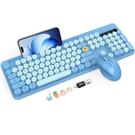 Wireless Keyboard and Mouse Combo, Retro Round Keycaps, Full-Size Cute Typewriter Keyboard with Large Phone/Tablet Holder, Auto-Sleep, 2.4GHz Cordless Connection for Windows/PC/Laptop (Sky Blue)