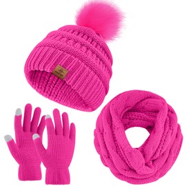 URATOT Winter Warm Knitted Sets Beanie Pompom Hat Scarves Winter Touchscreen Gloves Scarf Set for Men Women