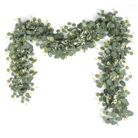 SOMYTING Eucalyptus Garland with White Flowers 2 Packs 5.9Ft Eucalyptus Leaves Gypsophila Garland Artificial Greenery Vines for Wedding Party Mantle Table Runner Home Decor (2PCS)