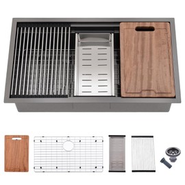 33 Inch Undermount Kitchen Sink Workstation Black - VOKIM 33 x19 Inch double ledges Workstation Undermount Kitchen Sink Single Bowl 16 Gauge Stainless Steel Under Counter Kitchen Sink Basin