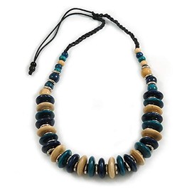 Avalaya Dark Blue/Natural/Teal Wood Button/Round Bead Black Cotton Cord Necklace - 80cm Max Lenght - Adjustable
