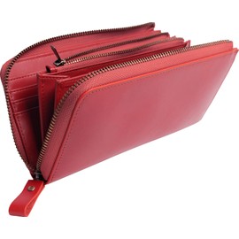 Dom Teporna Large Capacity Wallet, Genuine Italian Leather, Card Case, 15 Card Slots, L-Shaped Zipper, Men's, Women's, Wide Opening, red