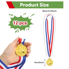 12 Pack Soccer Medals, Metals Gold Award Medals Soccer Trophy Team Participation Trophies with Red, White, And Blue Striped Ribbon Suitable for Sports Competitions Celebration and Party Favors