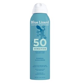 Blue Lizard Protector solar mineral sensible SPF 50 en aerosol, recomendado por dermatólogos, protección de amplio espectro UVA/UVB, resistente al agu