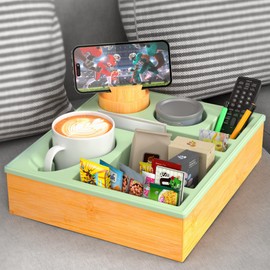 Couch Cup Holder Tray - Couch Organizer Caddy, Silicone Beach Caddy with Cup Holder, Sofa and Bed Drink Holder and Couch Tray Table for Snacks Beverage Remote (Green)