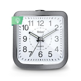 Mebus 56988 Quartz Alarm Clock, Silent Non-Ticking Luminous Hands, Repeat Alarm with Snooze, Dial Illumination at the Touch of a Button, Colour: Grey / Silver