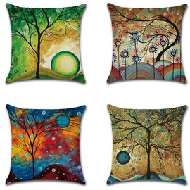 JUMUU Set of 4 Cotton-Linen Abstract Tree Pillow Covers Cute Cartoon Flowers Pattern Accent Handmade 18x18 Inch Square Cushion Cover Pillowcase for Sofa Couch Bed (Abstract Tree, 45 x 45cm)
