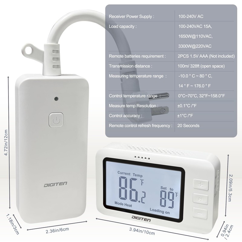 DIGITEN Wireless Thermostat Outlet Temperature Controlled Outlet with Power Cord
