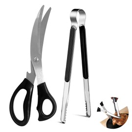YuanYouTong Stainless Steel Barbecue Scissors and Tongs Set, Kitchen Shears and Tongs, Multipurpose Ergonomic Design with Non-Slip Grip BBQ Scissors BBQ Tongs, for Cutting Meat, Chicken or Vegetables