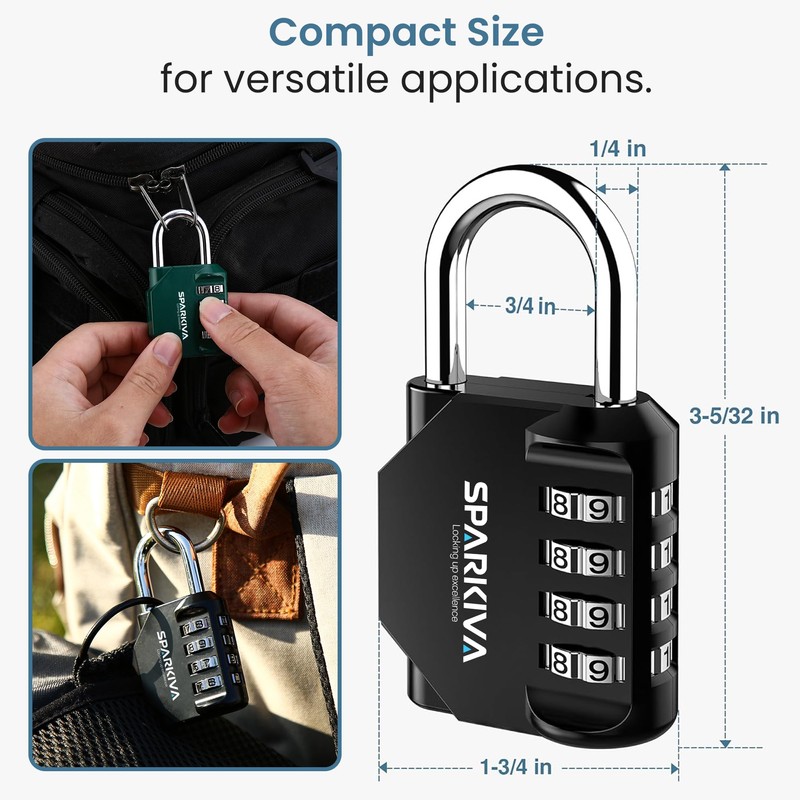 Sparkiva Black 4 Digit Combination Padlock for Gym Locker -