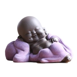 Qikuver Laughing Maitreya Buddha Ceramic Buddha Statue Tea Sculpture Little Monk Decoration Tea Set for Home Office Car Gift Crafts and Arts (Purple)
