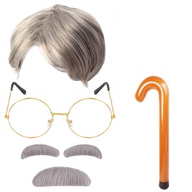 Yewong Juego de accesorios para disfraz de anciano para abuelo, peluca y gafas inflables para caminar, bigote y cejas para disfraz de abuelo viejo (juego A)