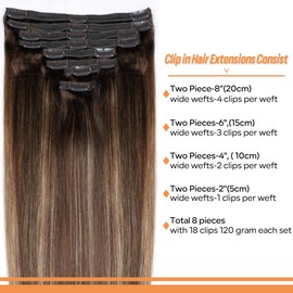 Pobokix Straight Clip In Hair Extensions Real Human Hair 8Pcs Clip In Balayage Chocolate Brown to Caramel Blonde Human Hair Extensions with 18Clips Lace Weft 120g 18inch