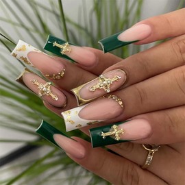 MISUD Press on Nails Long Square Fake Nails Glossy Glue on Nails Dark Green Acrylic Nail Supplies Squoval Artificial Nail Art Cross Rhinestone Stick on False Nails with Design DIY 24 pcs