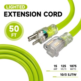 EP 50 Ft Lighted Outdoor Extension Cord - 10/3 SJTW Heavy Duty Green Extension Cable with 3 Prong Grounded Plug for Safety, UL Listed